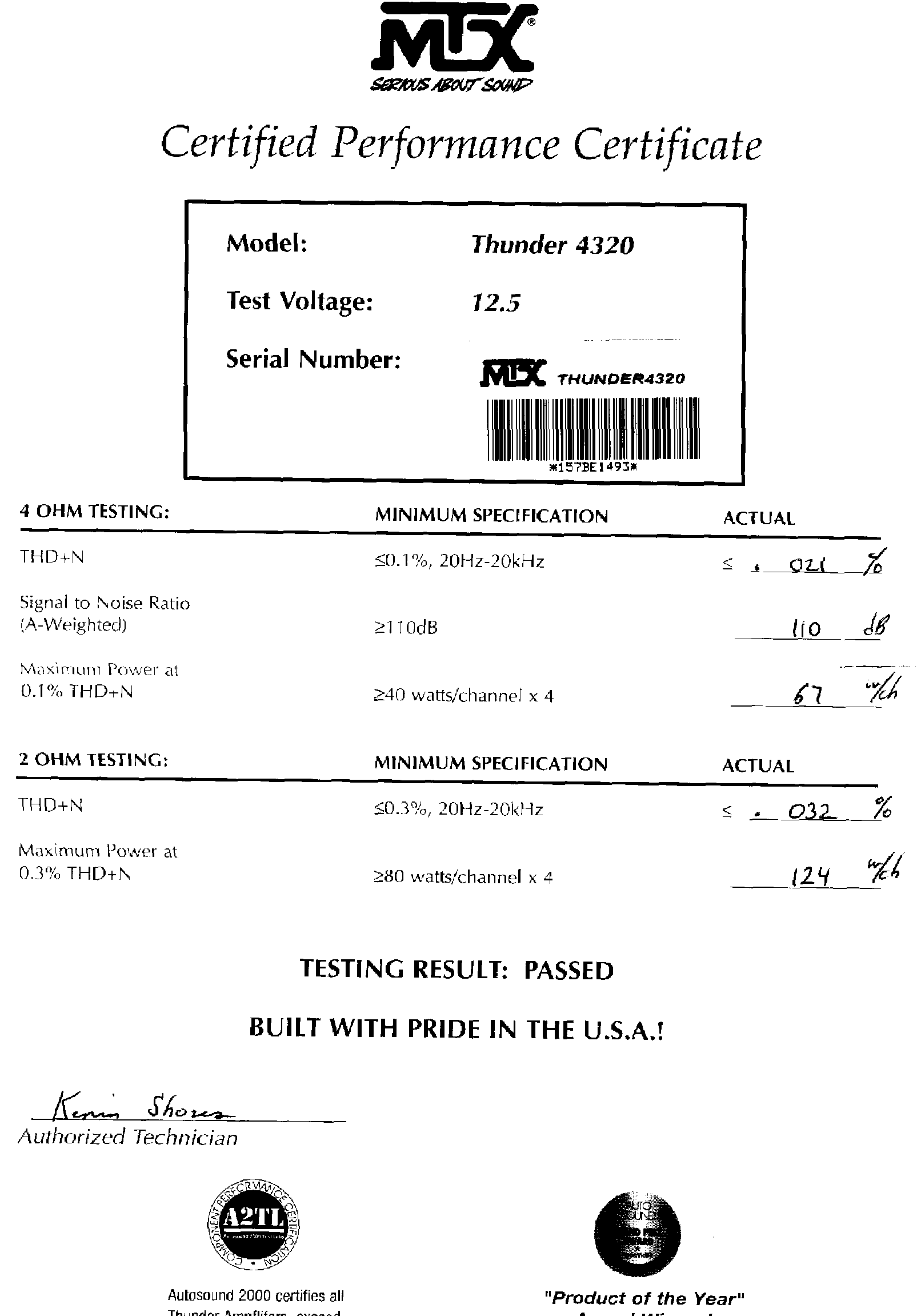 MTX 4320 Certificate